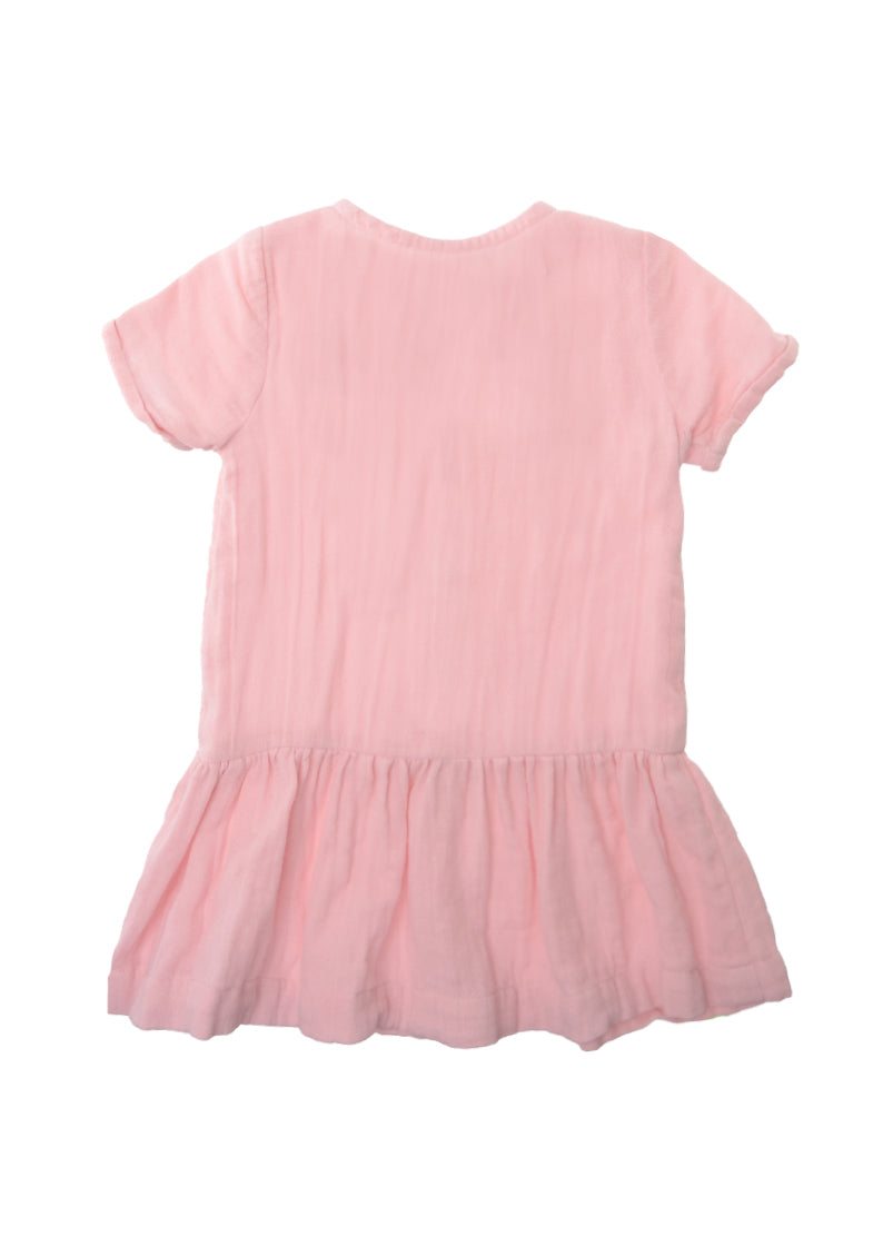 Rückseite rosa Musselin Kleid mit kurzen Ärmeln