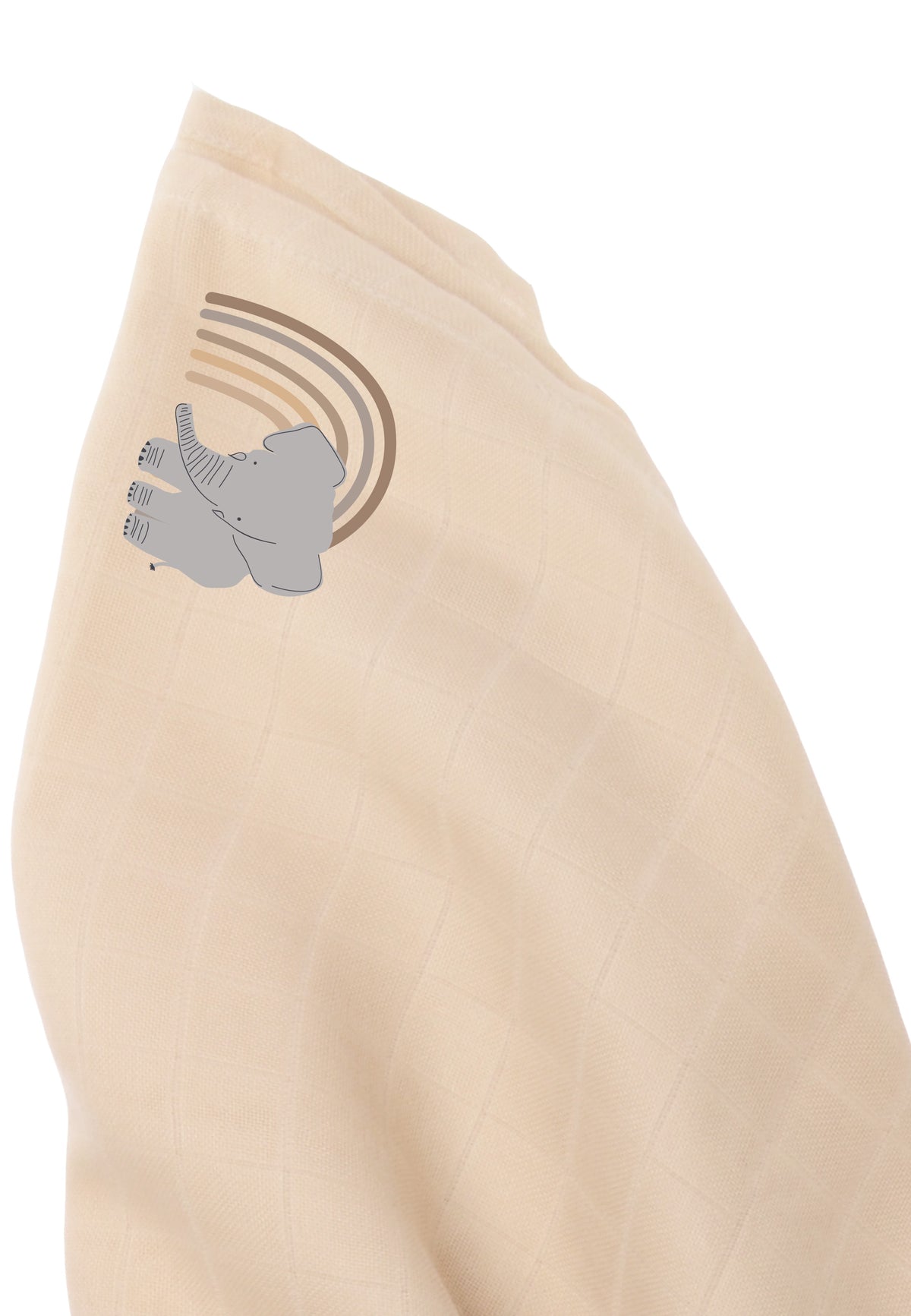 Detailfoto des beigen Musselintuchs mit Aufdruck.