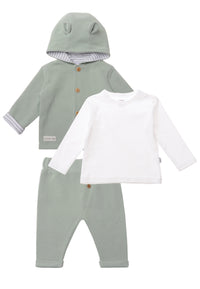 3-teiliges Rib Strick Set in schilf mit grau-weiß gestreiftem Lining und weißem Langarmshirt