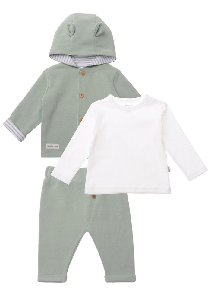 3-teiliges Rib Strick Set in schilf mit grau-weiß gestreiftem Lining und weißem Langarmshirt