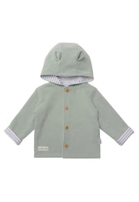 Ribstrick Jacke in schilf mit grau-weiß gestreiftem Lining