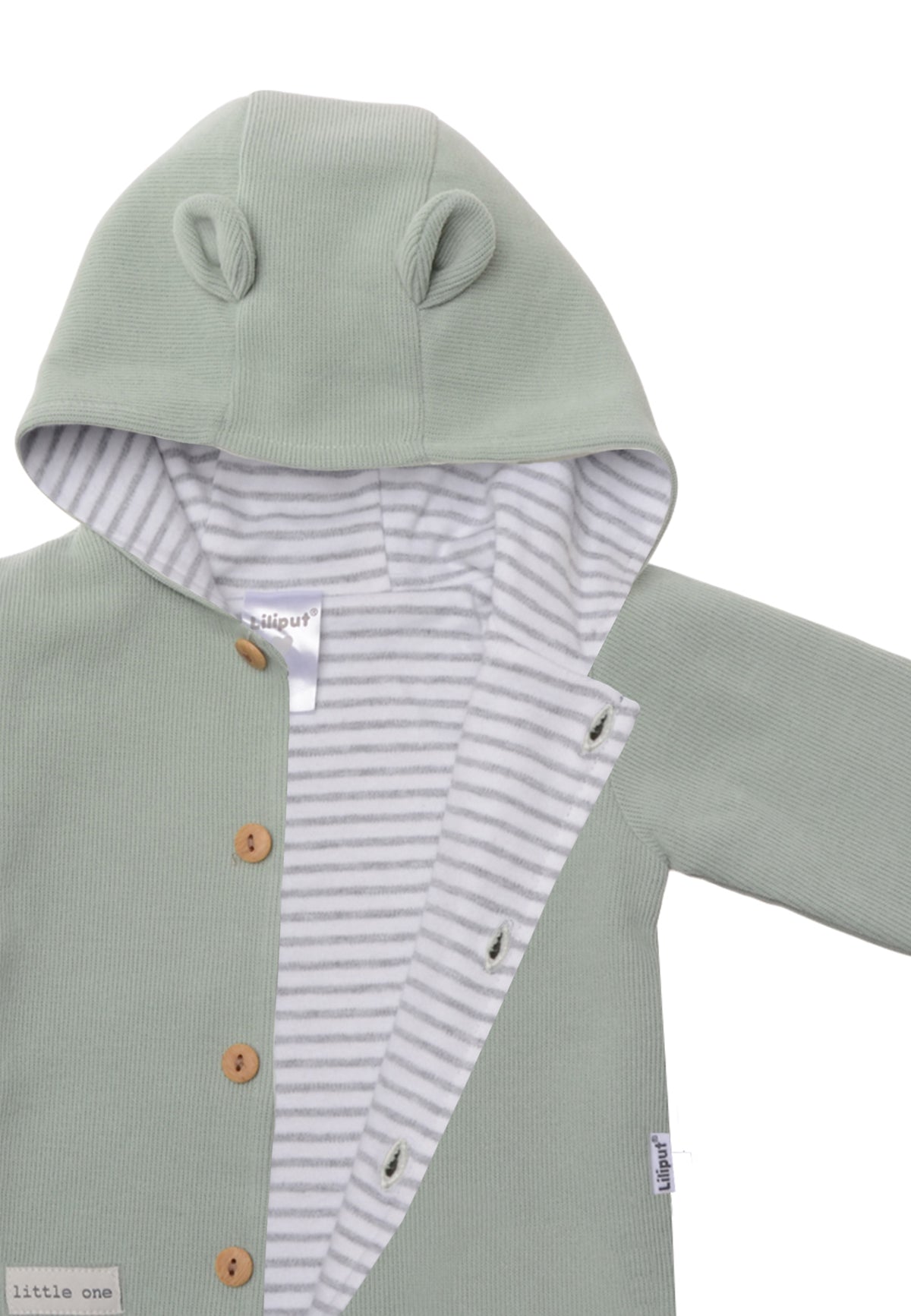 Detailfoto Ribstrick Jacke mit grau-weißem Lining