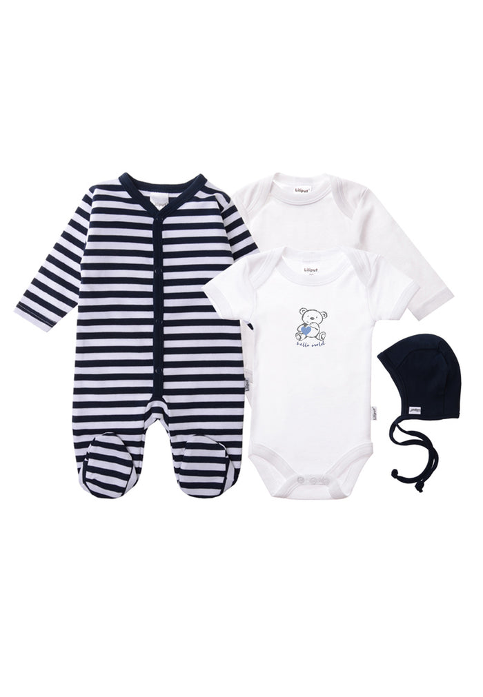 4 teiliges Set mit Marine weiß gestreiftem Overall, weißem Kurzarmbody mit Teddy Print, schlichtem Langarmbody in weiß und einer hochwertigen Mütze mit Bindeband in marine.