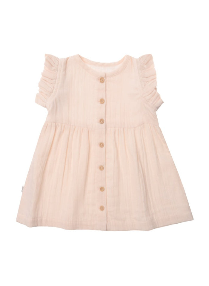 Musselin Kleid in rosa mit Knöpfen und Rüschen am Armausschnitt
