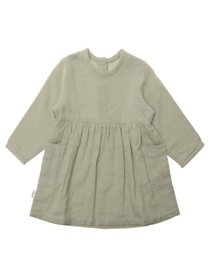 Langärmliges Kleid aus Musselin in schilf mit aufgesetzten Taschen