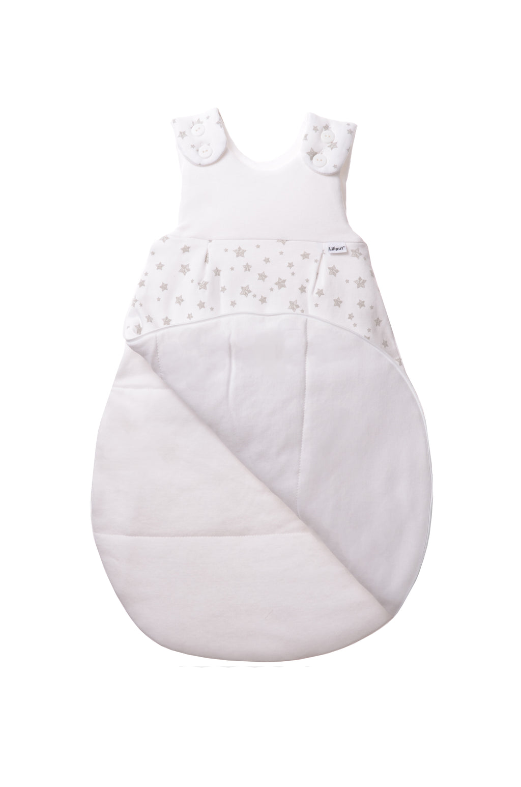 Schlafsack für Babys in unterschiedlichen Längen mit Knöpfen und Reißverschluss an der Seite. Design: graue Sterne.