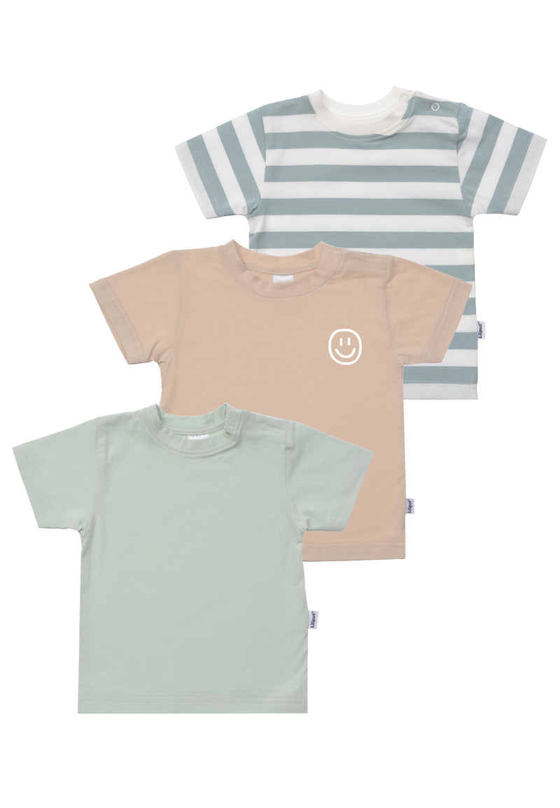 3er Pack Kinder Shirts in schilf gestreift, schilf und beige mit Smiley Aufdruck.