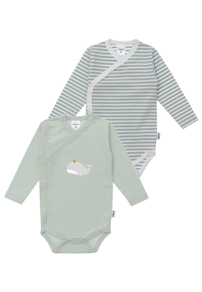 Doppelpack Wickelbodys in schilf-ecru geringelt und einfarbig schilf mit kleinem Wal Print.