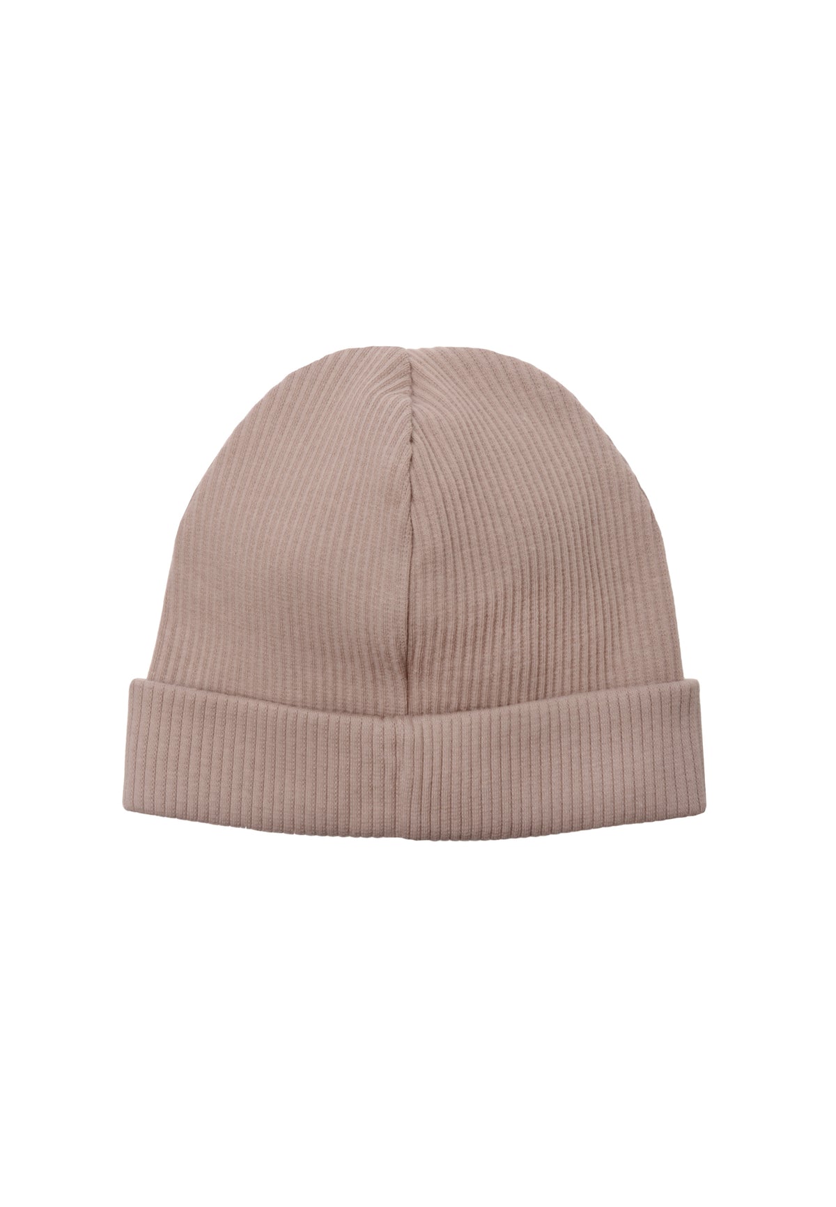 Rückansicht der Umschlagmütze in taupe.