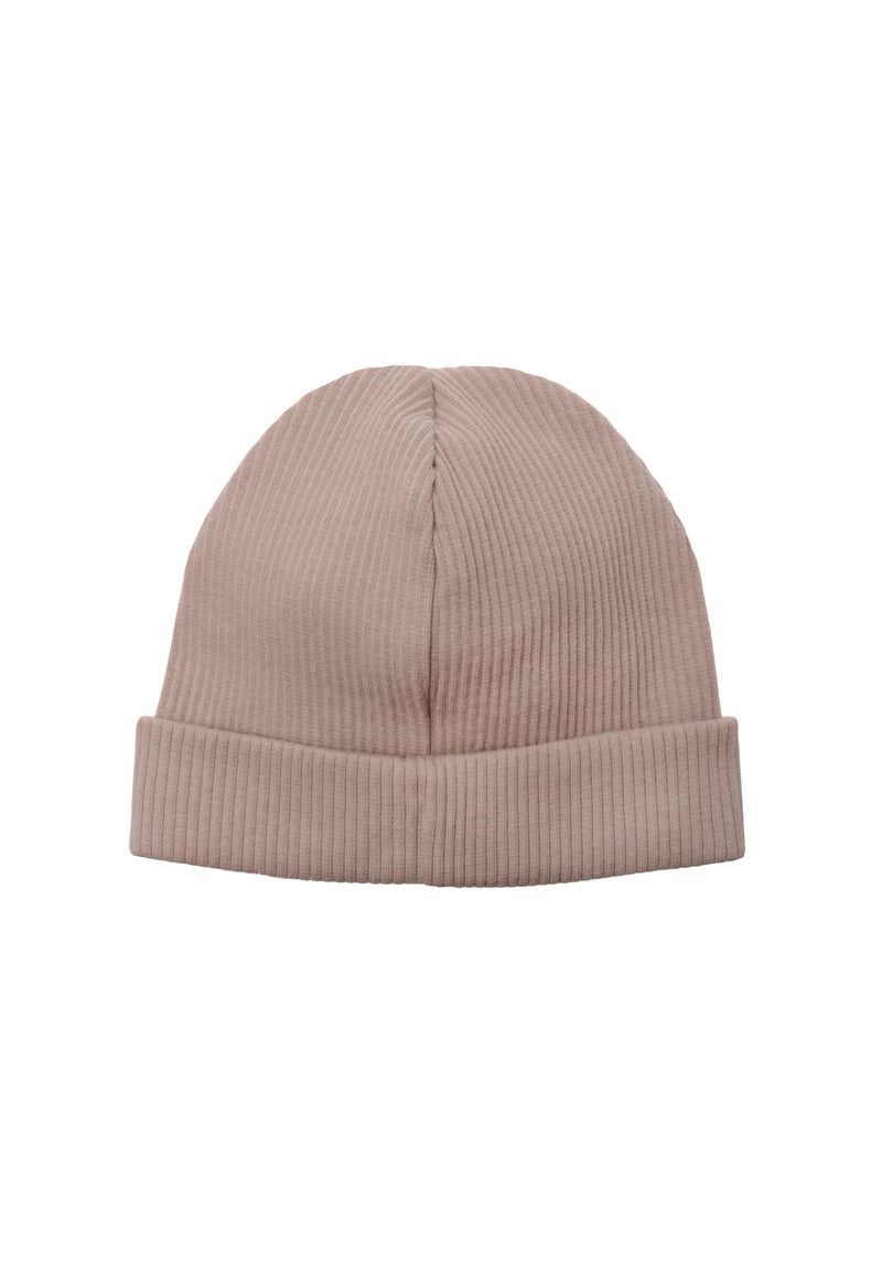 Rückansicht der Umschlagmütze in taupe.