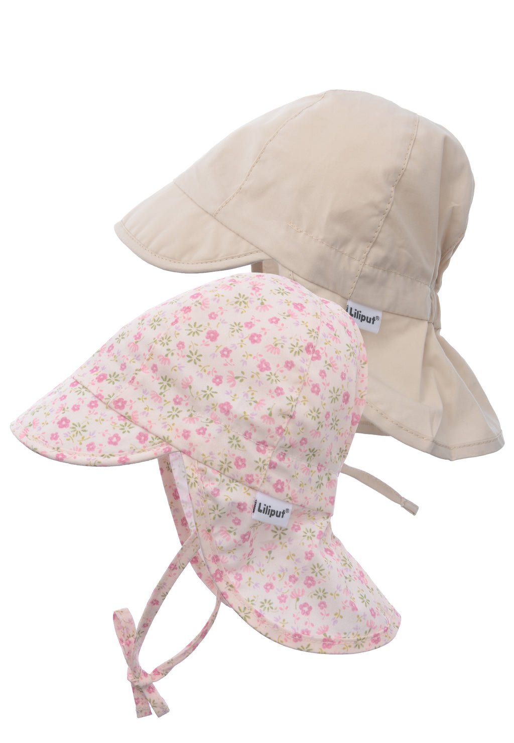 Doppelpack Schirmmützen mit Nackenschutz und Bindeband in beige und einmal in rosa mit Blümchenprint.