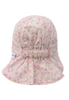 Rückseite der Sommermütze in rosa mit Blümchenprint. Dank des Gummibands passt sich die Schirmmütze ideal dem Kopf an.