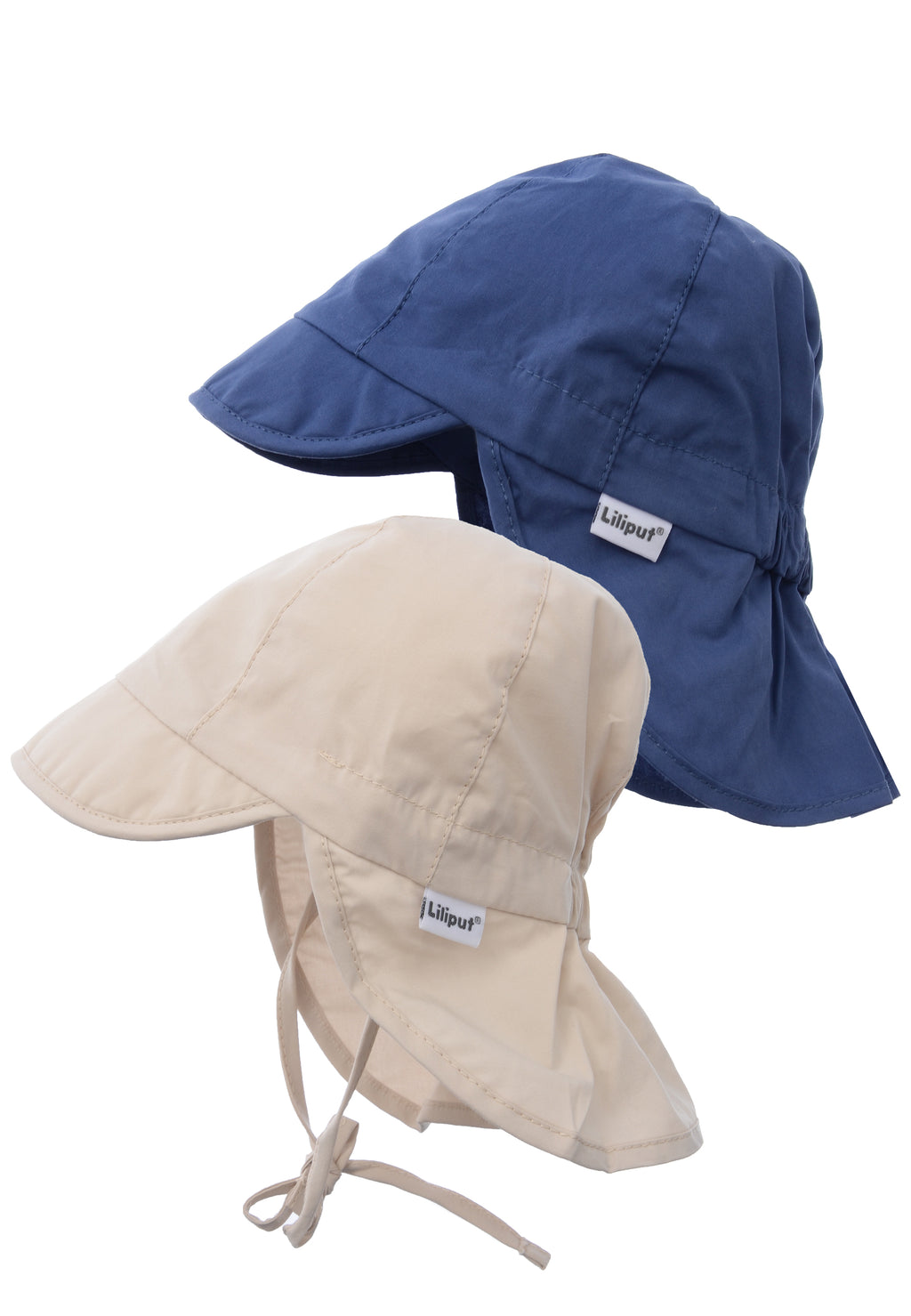 Doppelpack Kinder Schirmmützen für den Sommer mit UV-Lichtschutzfaktor +50 in beige und marine.