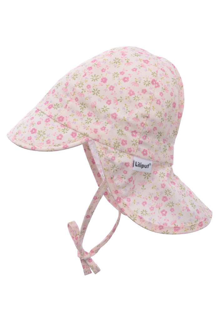 Sommerhut mit Nackenschutz in rosa mit Blümchen Print und praktischen Bindebändern.