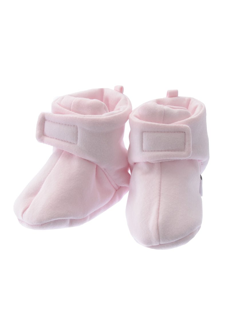 Frontansicht der rosa Babyschuhe mit Wattierung.