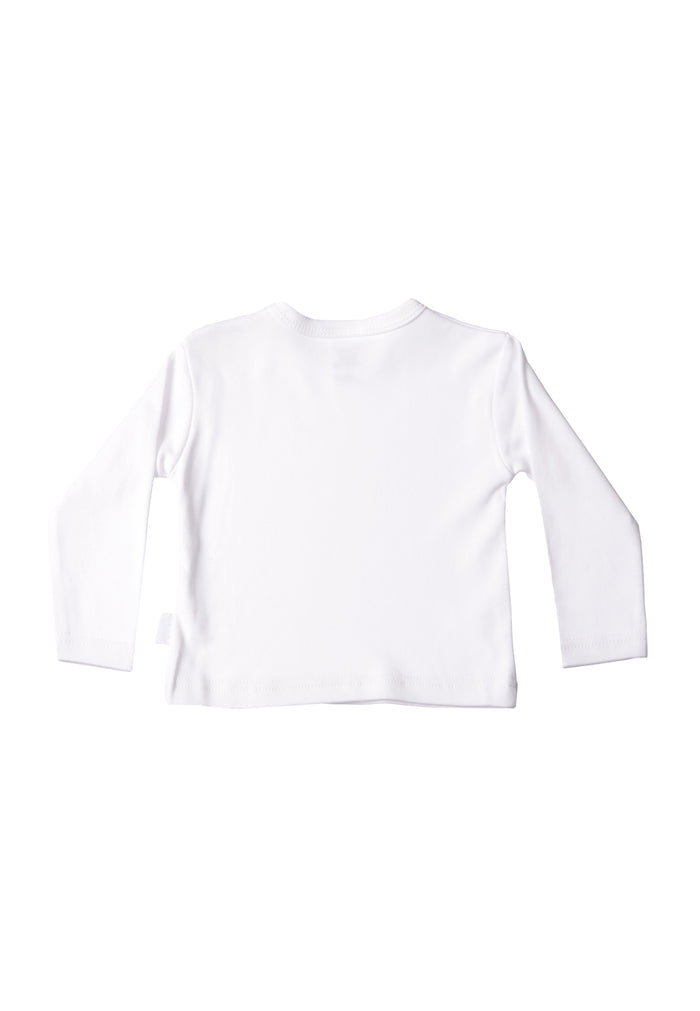 Rückseite des weißen Langarmshirts aus 100% Baumwolle.