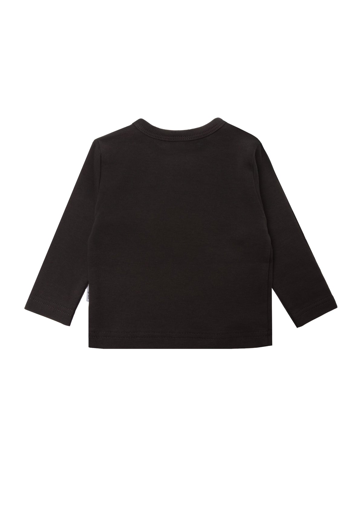 Die Rückseite des dunkelgrauen Langarmshirts ist schlicht.