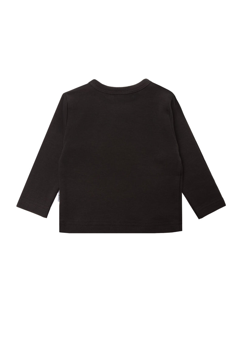 Die Rückseite des dunkelgrauen Langarmshirts ist schlicht.