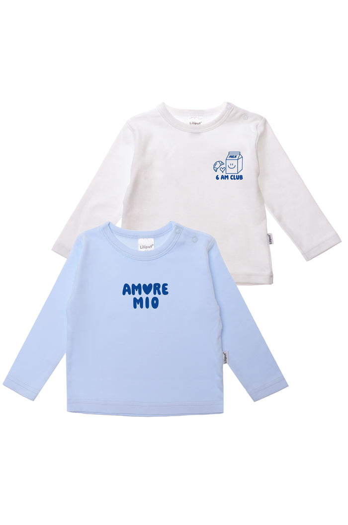 2er-Pack Langarmshirts in weiß und hellblau "6AM Club" & "Amore Mio"