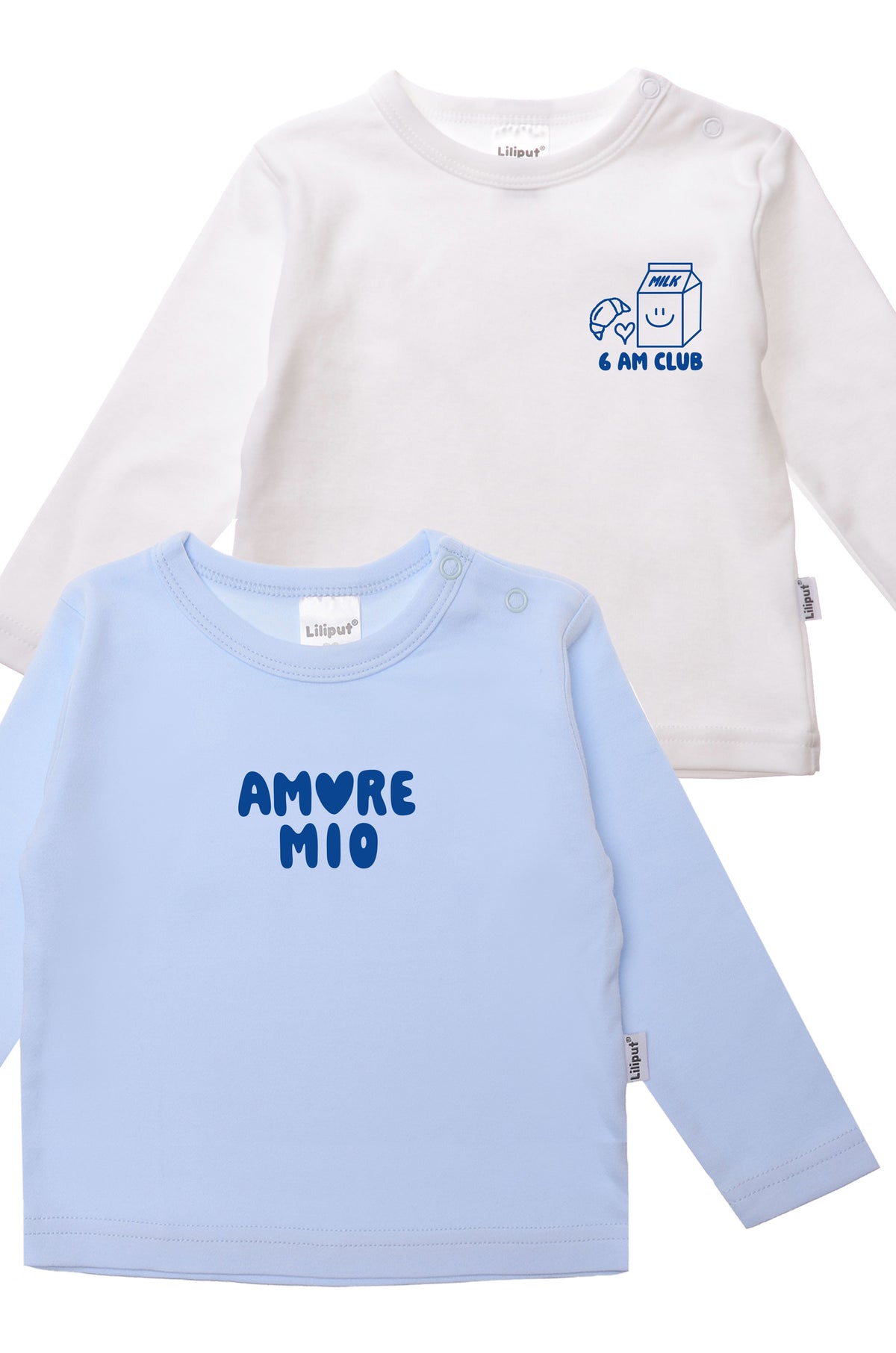 2er-Pack Langarmshirts in weiß und hellblau "6AM Club" & "Amore Mio"