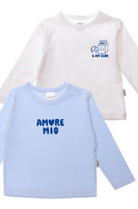2er-Pack Langarmshirts in weiß und hellblau "6AM Club" & "Amore Mio"