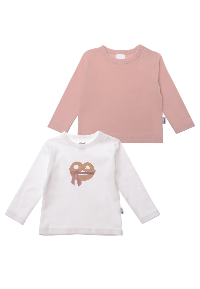 vorderseite Langarmshirts in weiß mit einer brezel als druck und rose 