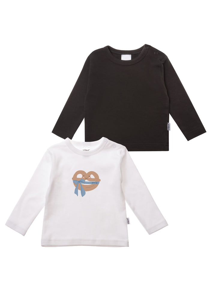 vorderseite Langarmshirts in weiß und anthrazit mit einer blauen brezel als druck