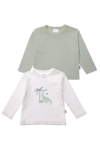 2er-Pack Langarmshirts in weiß und schilf mit Dino Print