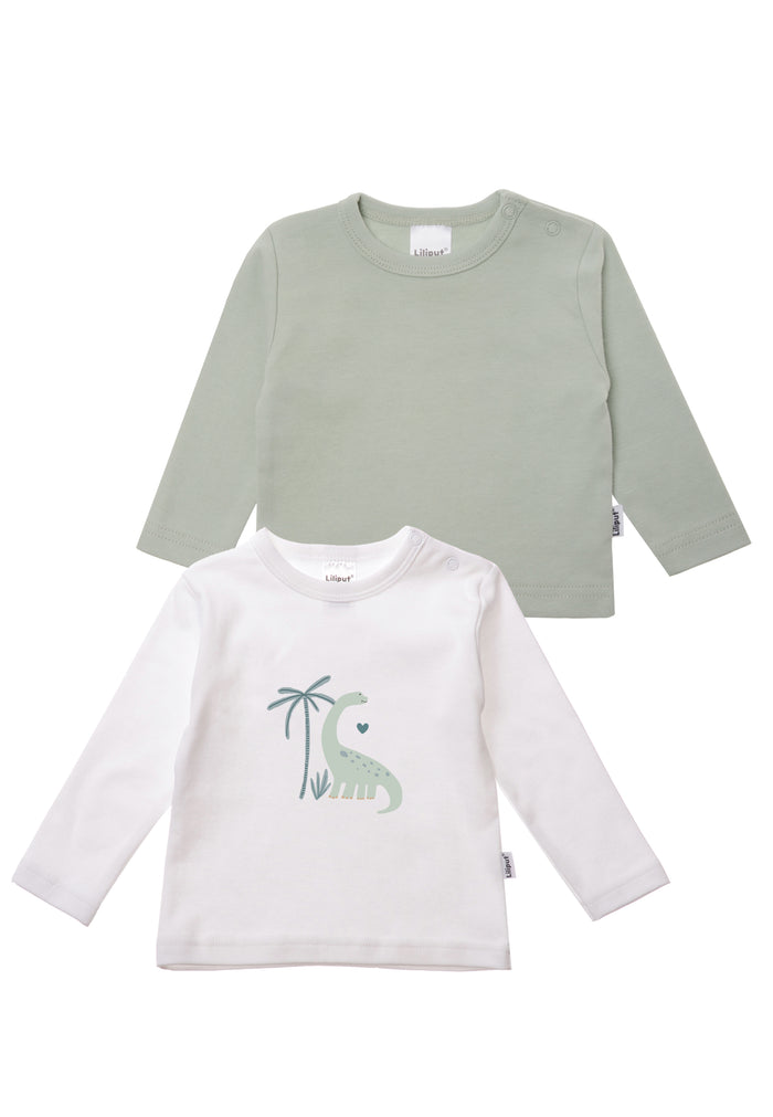 2er-Pack Langarmshirts in weiß und schilf mit Dino Print