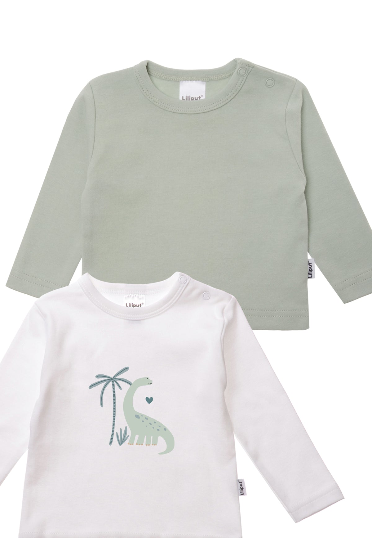 2er-Pack Langarmshirts in weiß und schilf mit Dino Print