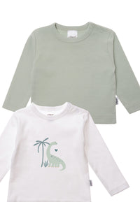 2er-Pack Langarmshirts in weiß und schilf mit Dino Print