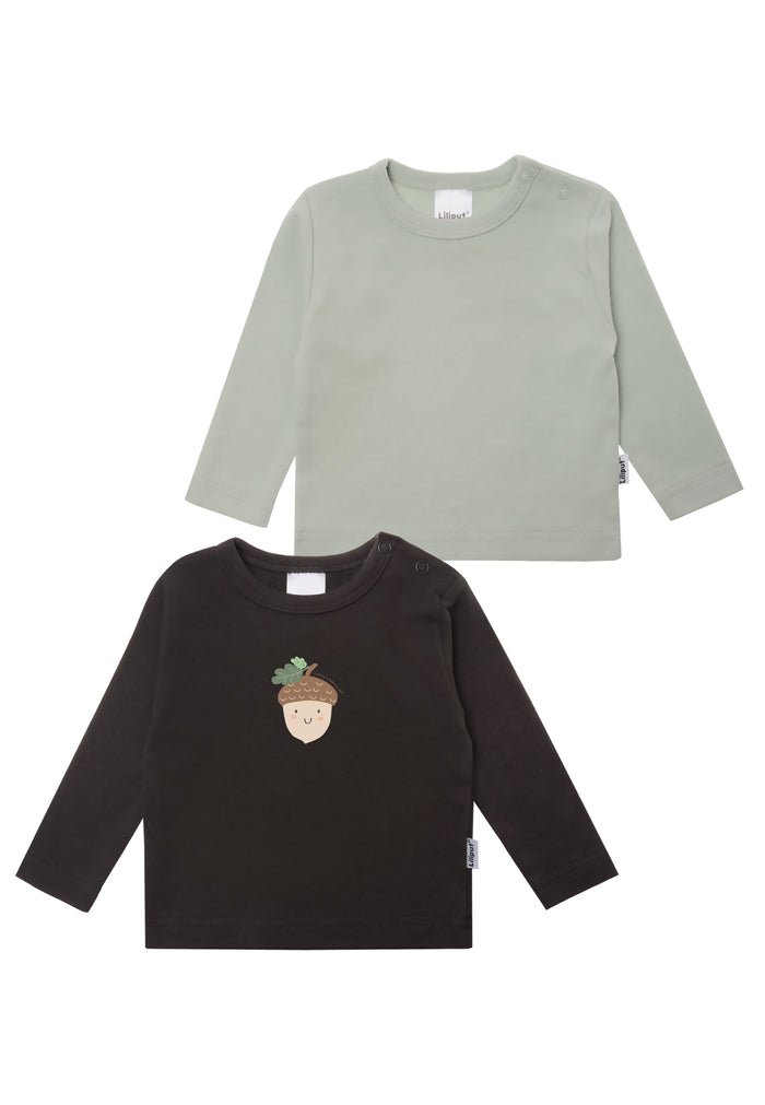 vorderseite Langarmshirts in schilf und anthrazit mit einer nuss als druck