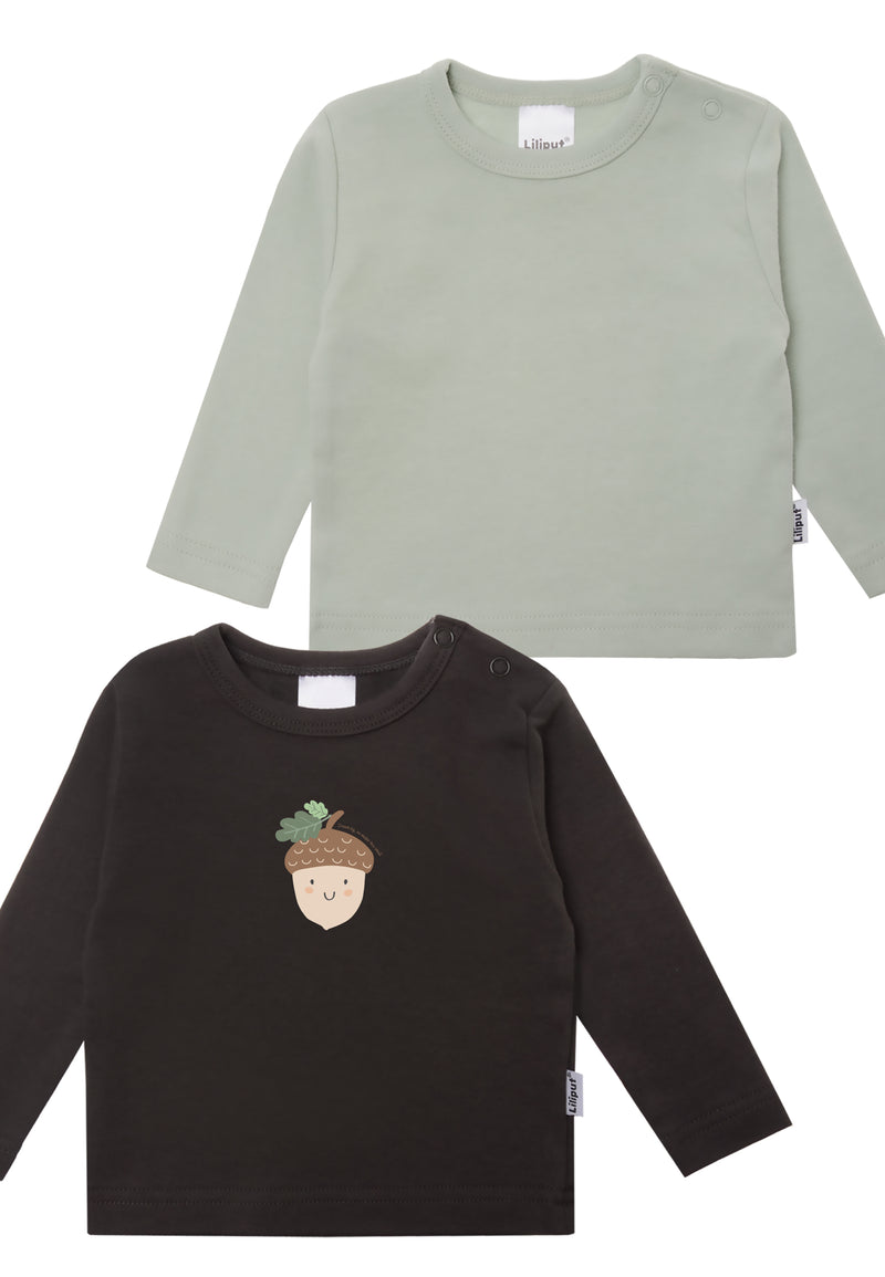 nahaufnahme Langarmshirts in schilf und anthrazit mit einer nuss als druck