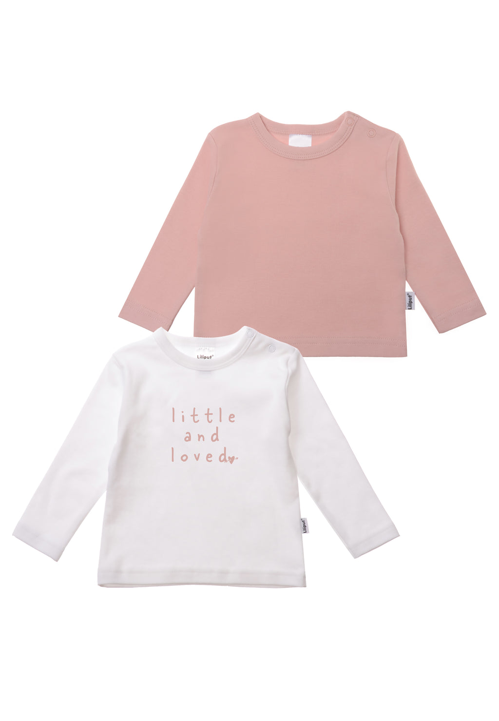 vorderseite Langarmshirts in weiß mit druck "little and loved" und rose