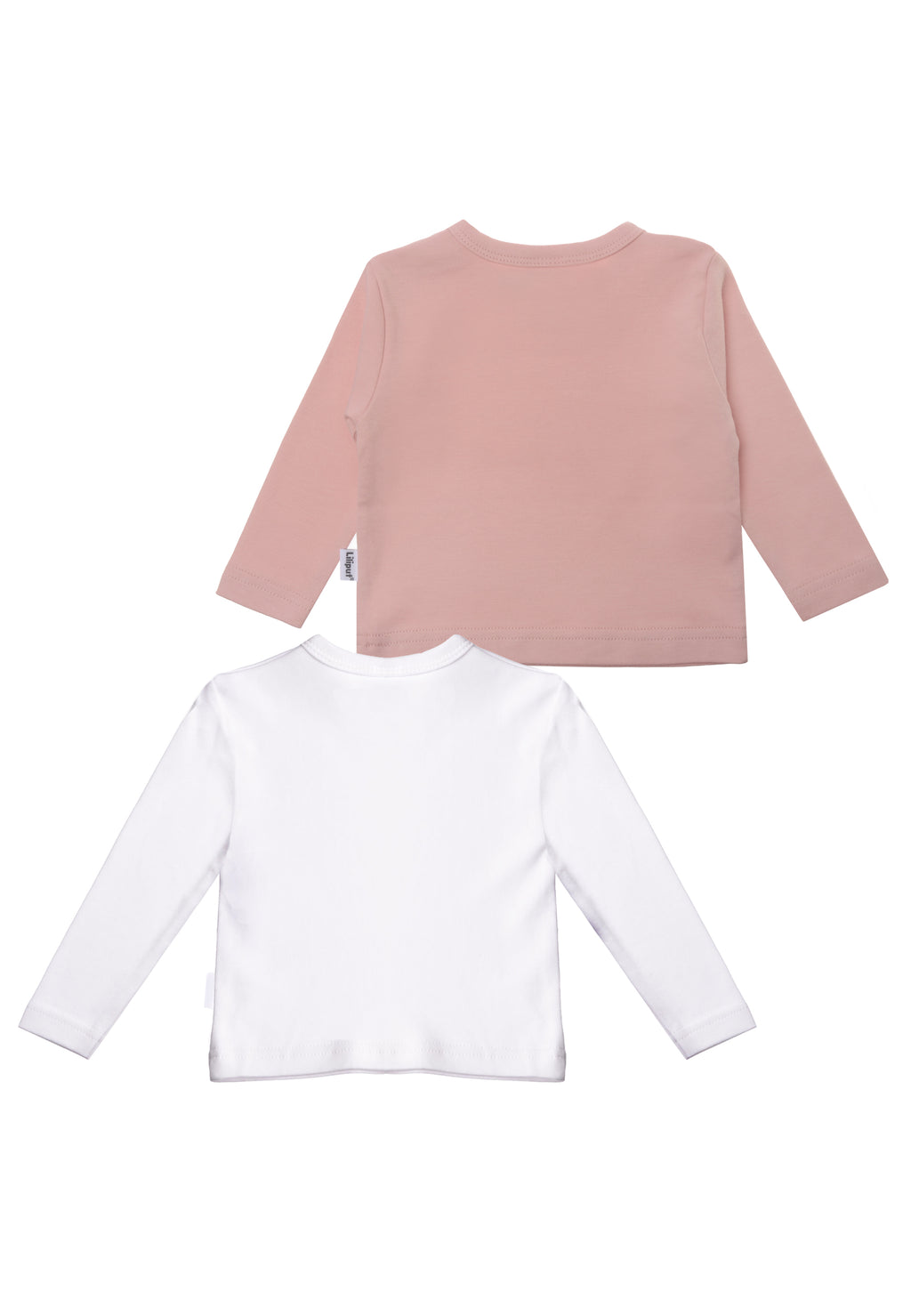 vorderseite Langarmshirts in weiß mit druck "little and loved" und rose