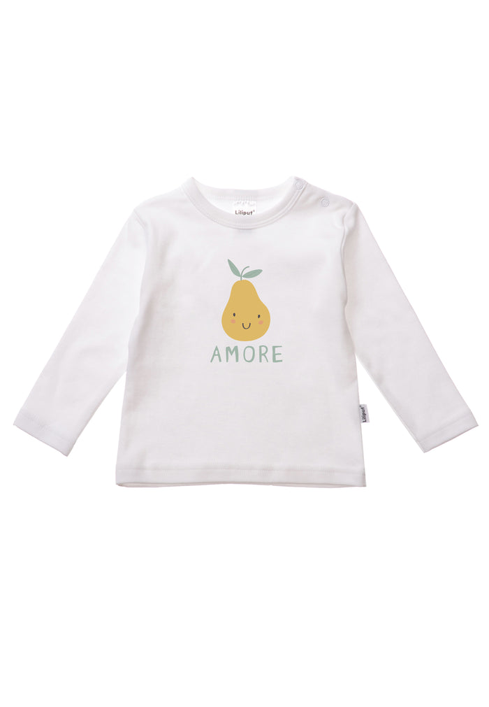Langarmshirt in weiß mit praktischen Druckknöpfen auf der Schulter, für ein einfaches An,- und Ausziehen. Mit Birnen Print auf der Vorderseite.