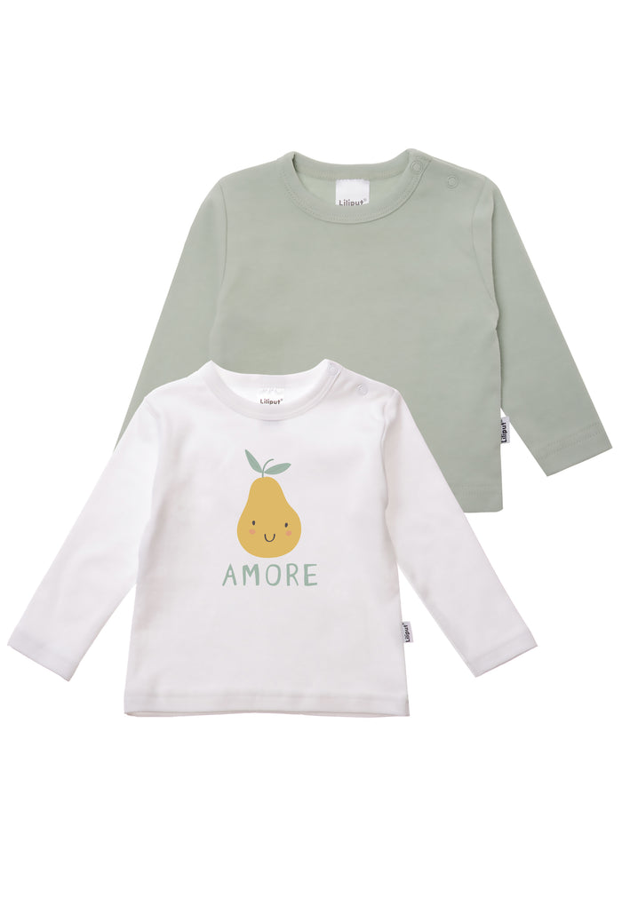 Doppelpack Langarmshirts in schilf und weiß mit Birnen Print
