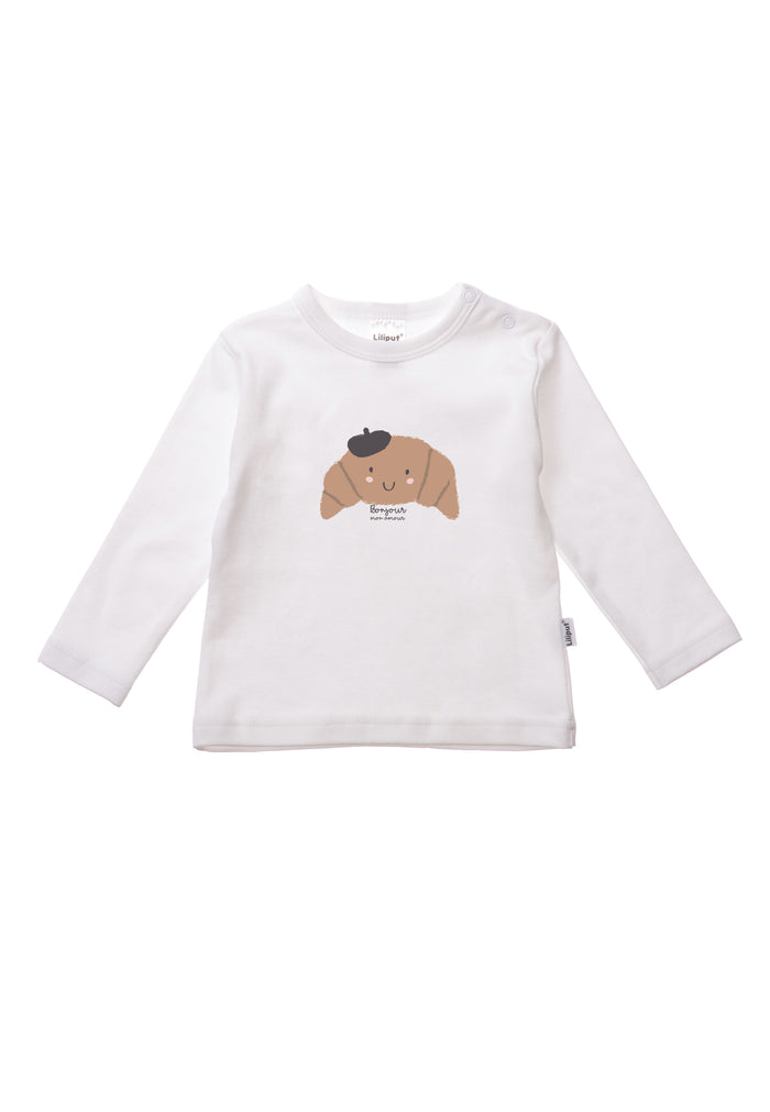 Langarmshirt in weiß mit niedlichem Croissant Print und praktischen Druckknöpfen auf der Schulter.