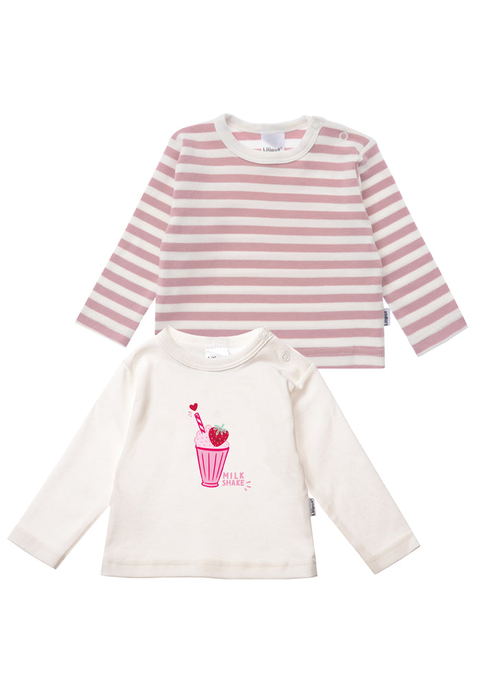 2er-Pack Langarmshirts in Rose und Rose-Ecru geringelt mit Milkshake Print