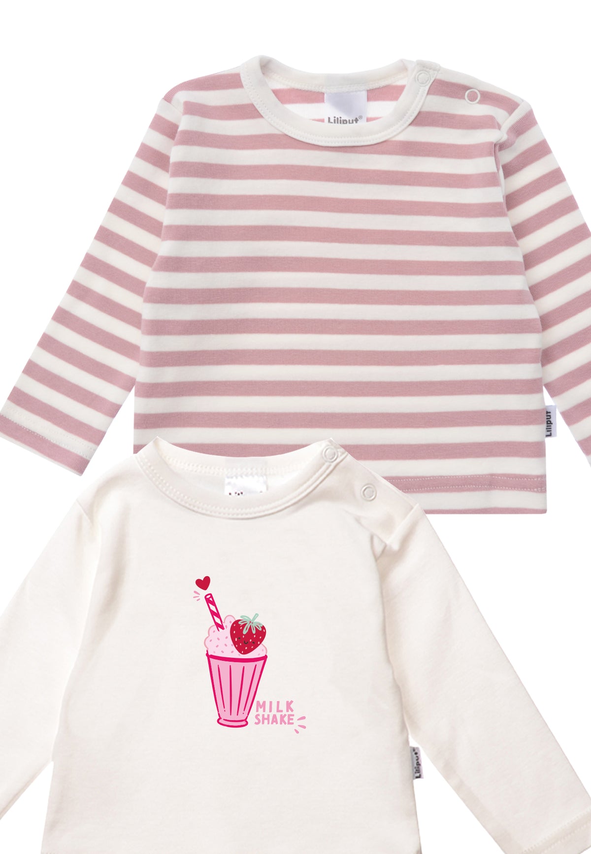 2er-Pack Langarmshirts in Rose und Rose-Ecru geringelt mit Milkshake Print