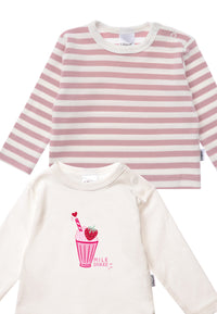 2er-Pack Langarmshirts in Rose und Rose-Ecru geringelt mit Milkshake Print