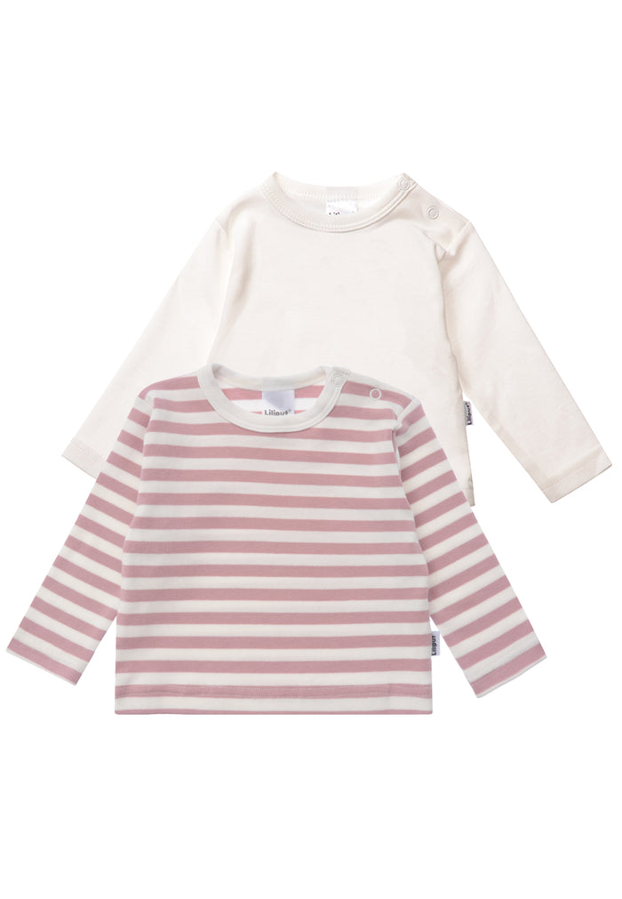 Doppelpack Langarmshirt in ecru-rosè gestreift und ecru.