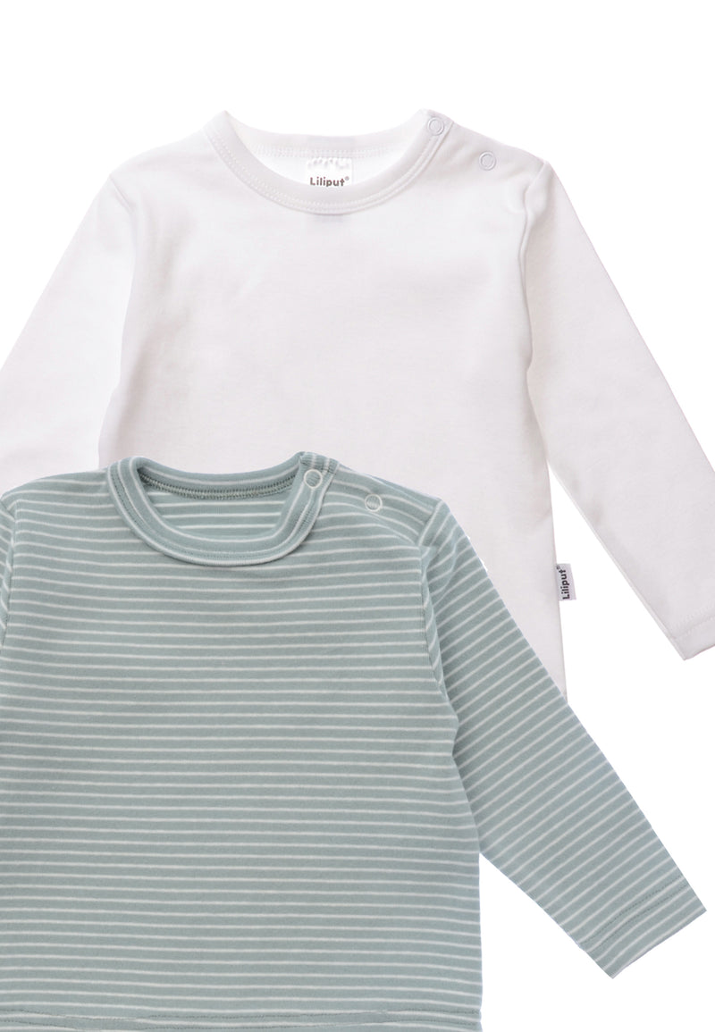 Doppelpack Langarmshirts in schilf-ecru-geringelt und weiß