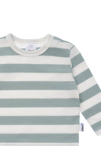Detailansicht des Langarmshirts mit Blockstreifen.