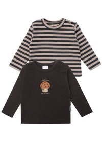 2er-Pack Langarmshirts in Anthrazit und Grau-Beige geringelt mit Muffin Print
