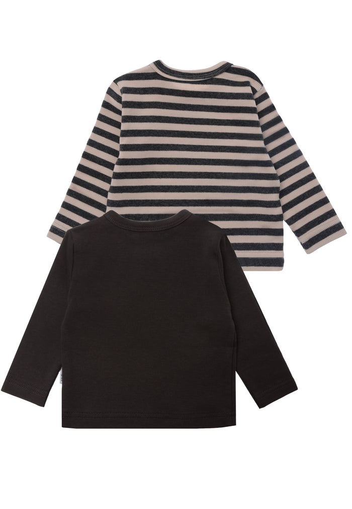 2er-Pack Langarmshirts in Anthrazit und Grau-Beige geringelt mit Muffin Print