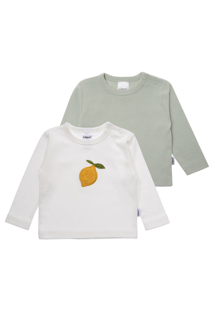 Doppelpack Langarmshirts in schilf und weiß mit Zitronen Patch. 