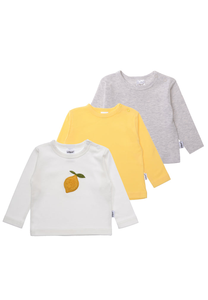 3er Pack Langarmshirts in weiß mit Zitronen Patch und 2 weiteren Basic Shirts in gelb und grau-melange.