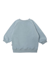 Rückseite vom sweatshirt in hellblau mit Raglanärmeln.