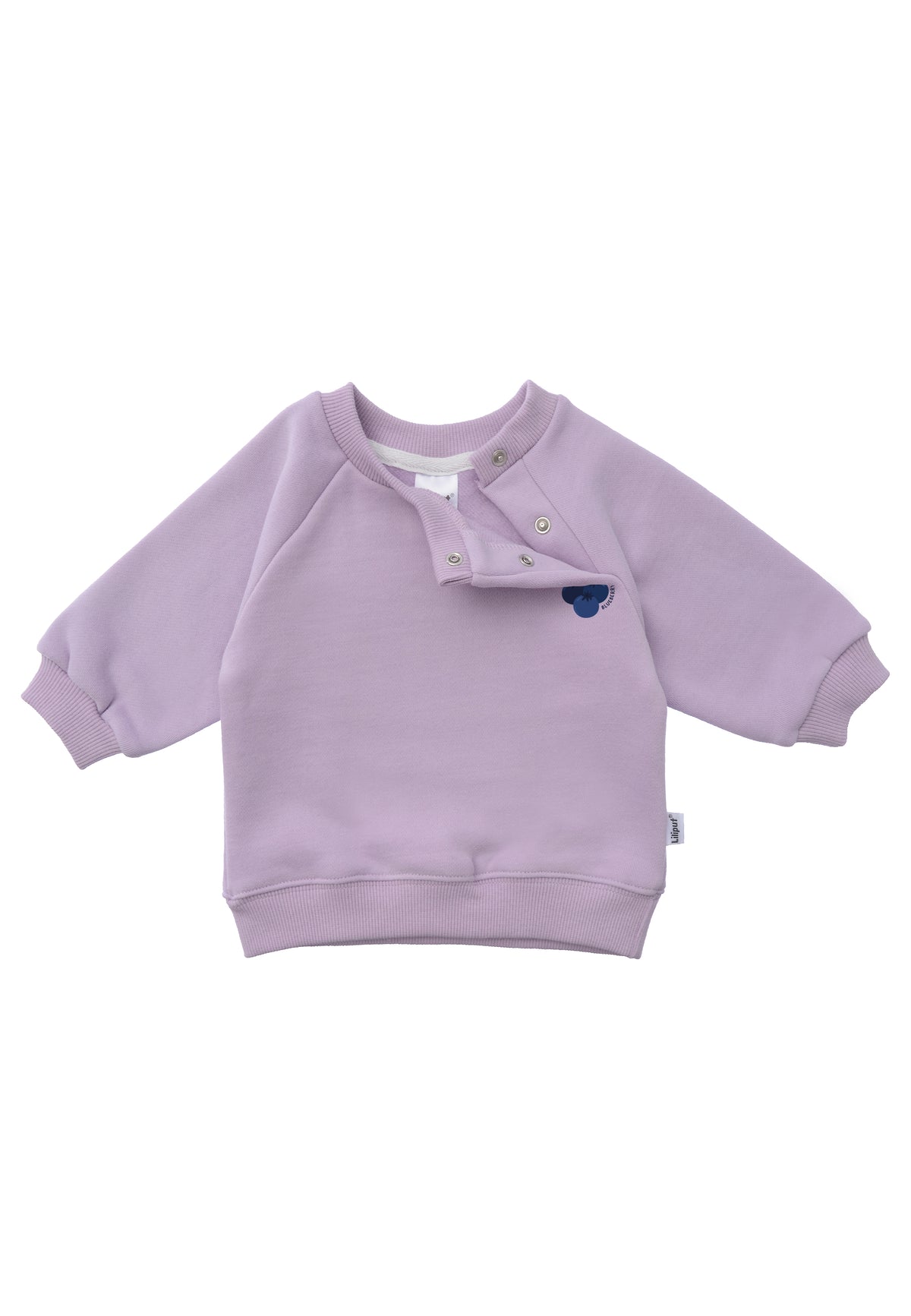 vorderseite vom sweatshirt mit dem druck von blaubeeren mit offenen drucknöpfen 